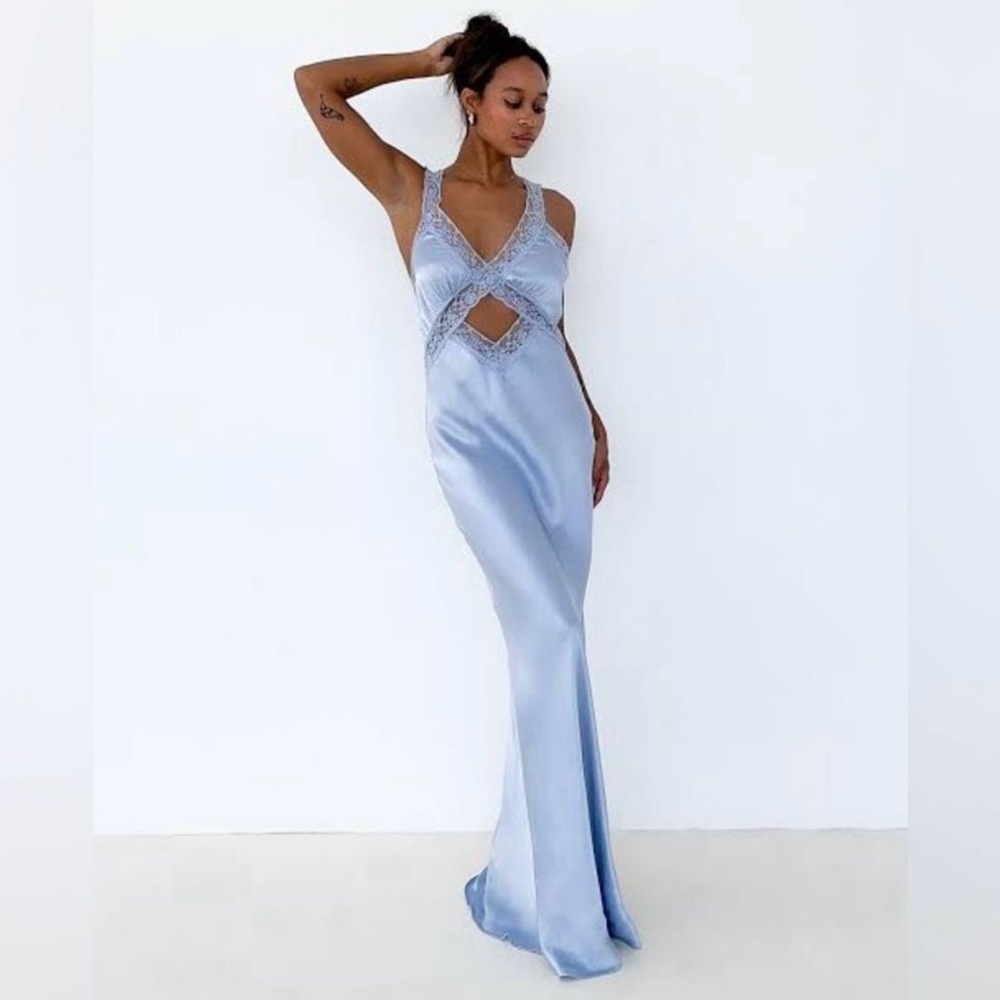 Rumored Light Blue Satin Maxi Dress with Lace Trim